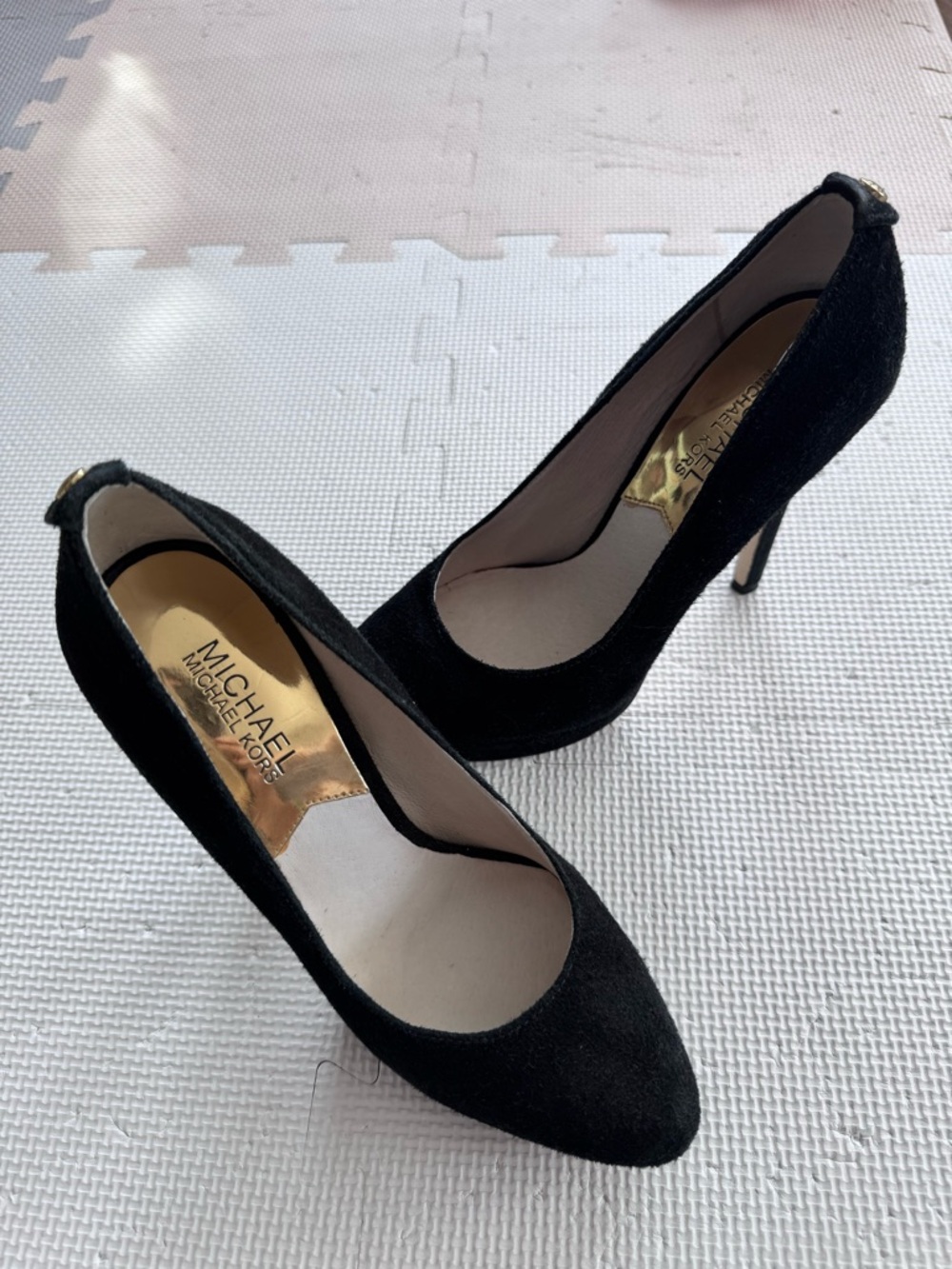 Michael Kors Black Suede Pointed-Toe Stiletto Pumps with Gold Insole Detail